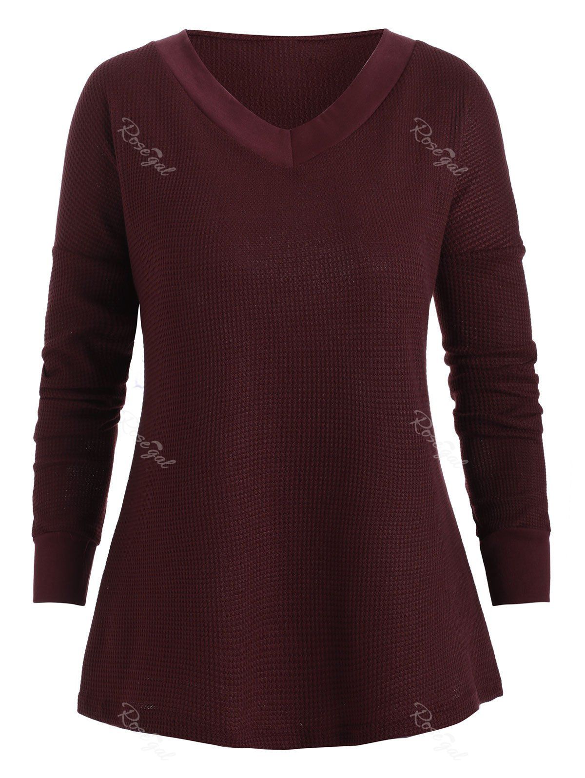 

Drop Shoulder Solid V Neck Plus Size Knitwear, Red wine