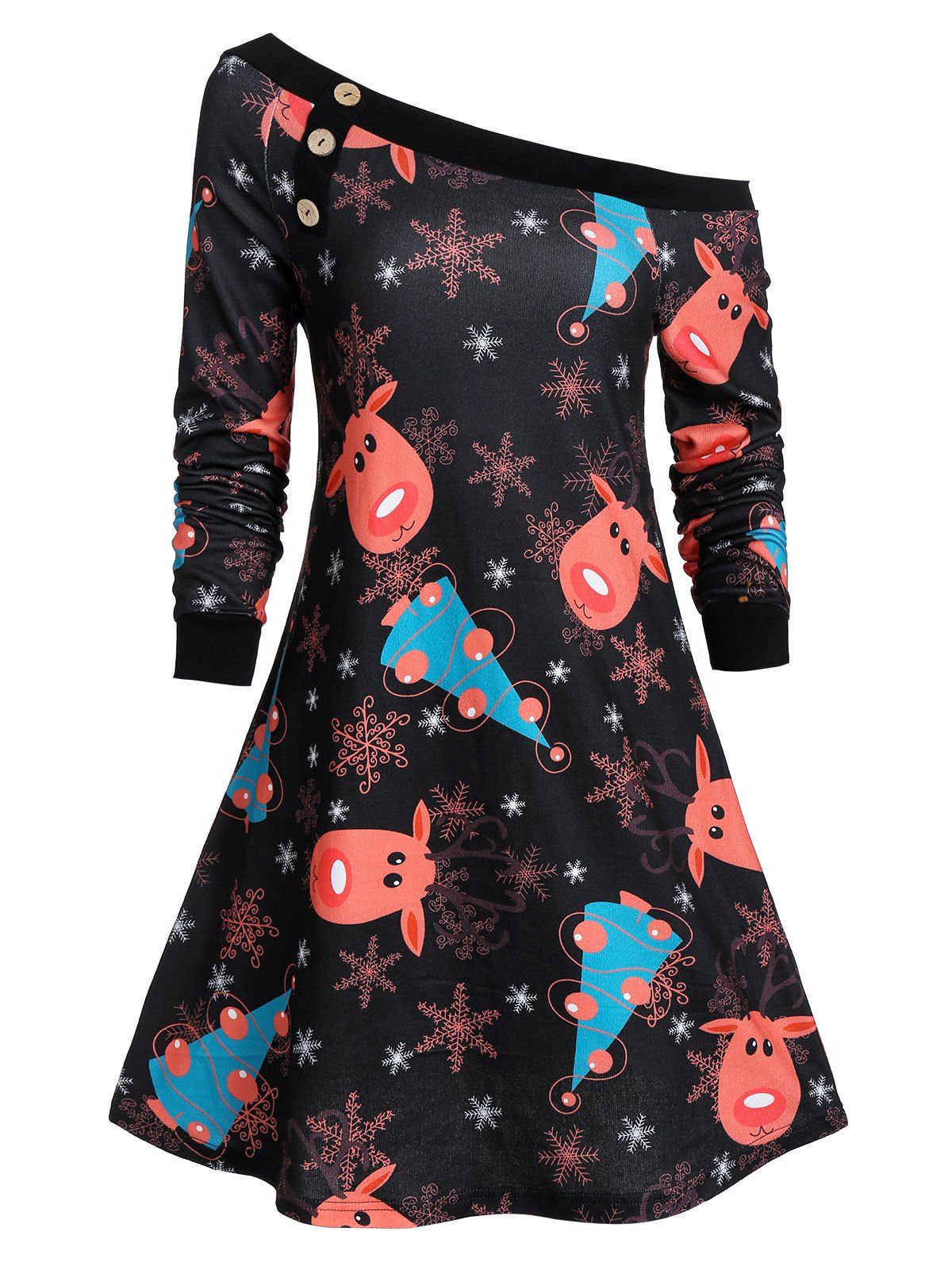

Christmas Elk Snowflake Skew Collar Button Dress, Gray
