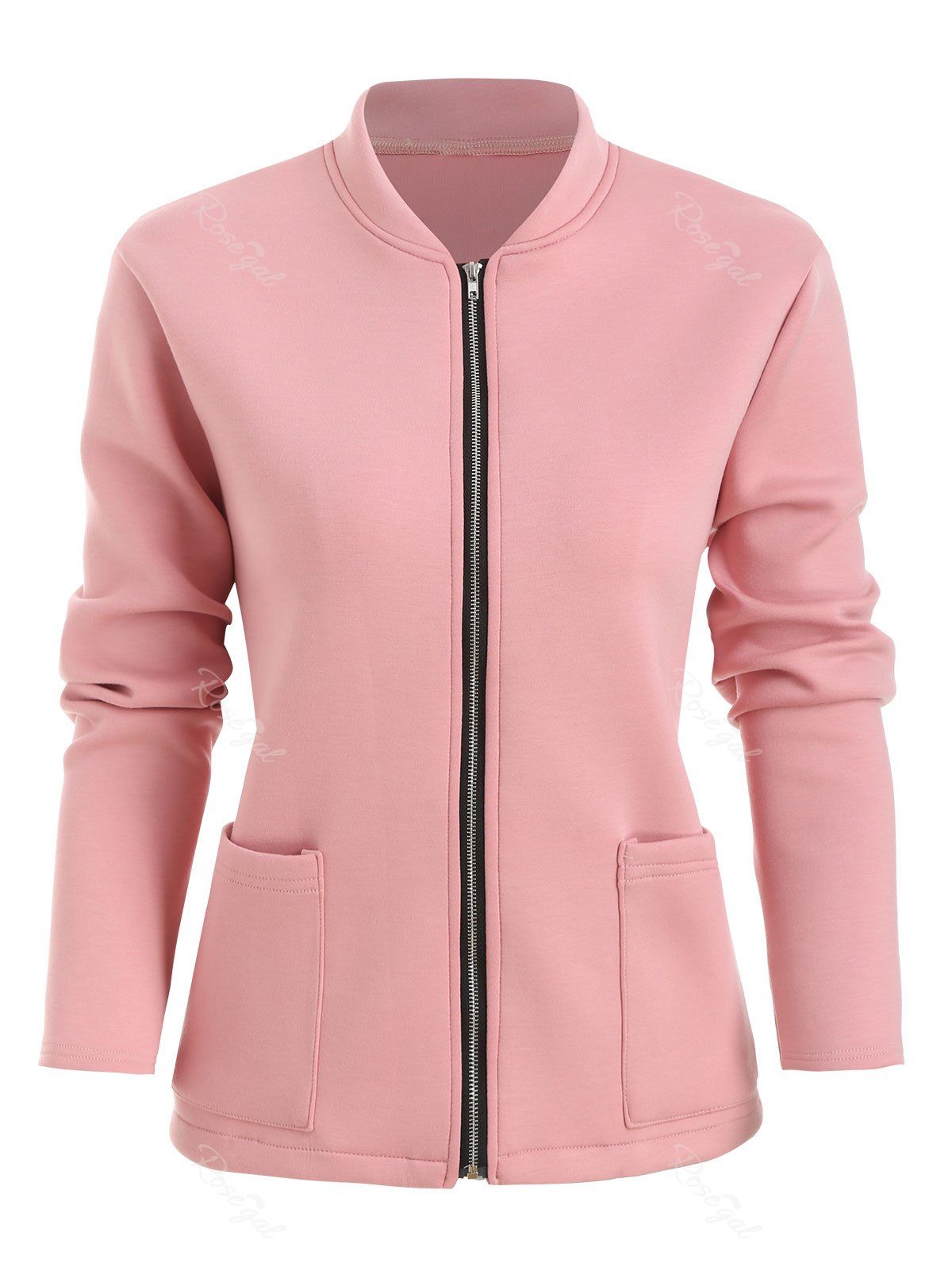 

Plus Size Front Pocket Zip Fly Jacket, Pink