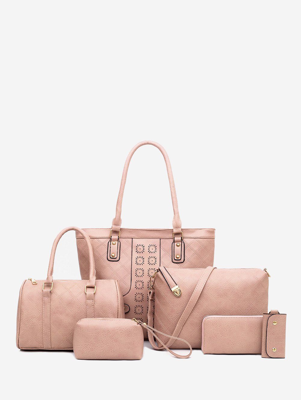 

6 Piece Rhombus Embossed PU Leather Handbag Set, Pink