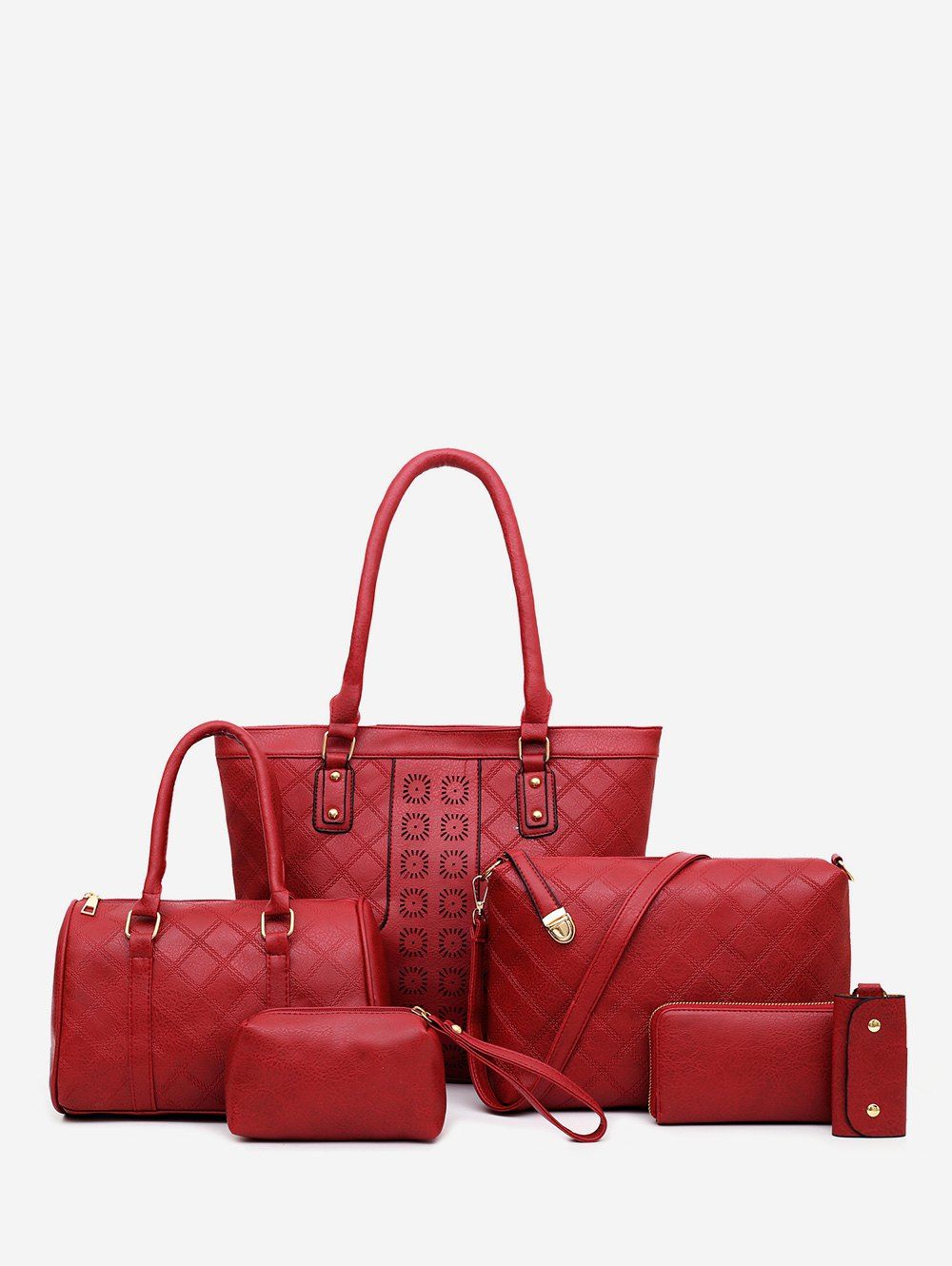 

6 Piece Rhombus Embossed PU Leather Handbag Set, Red