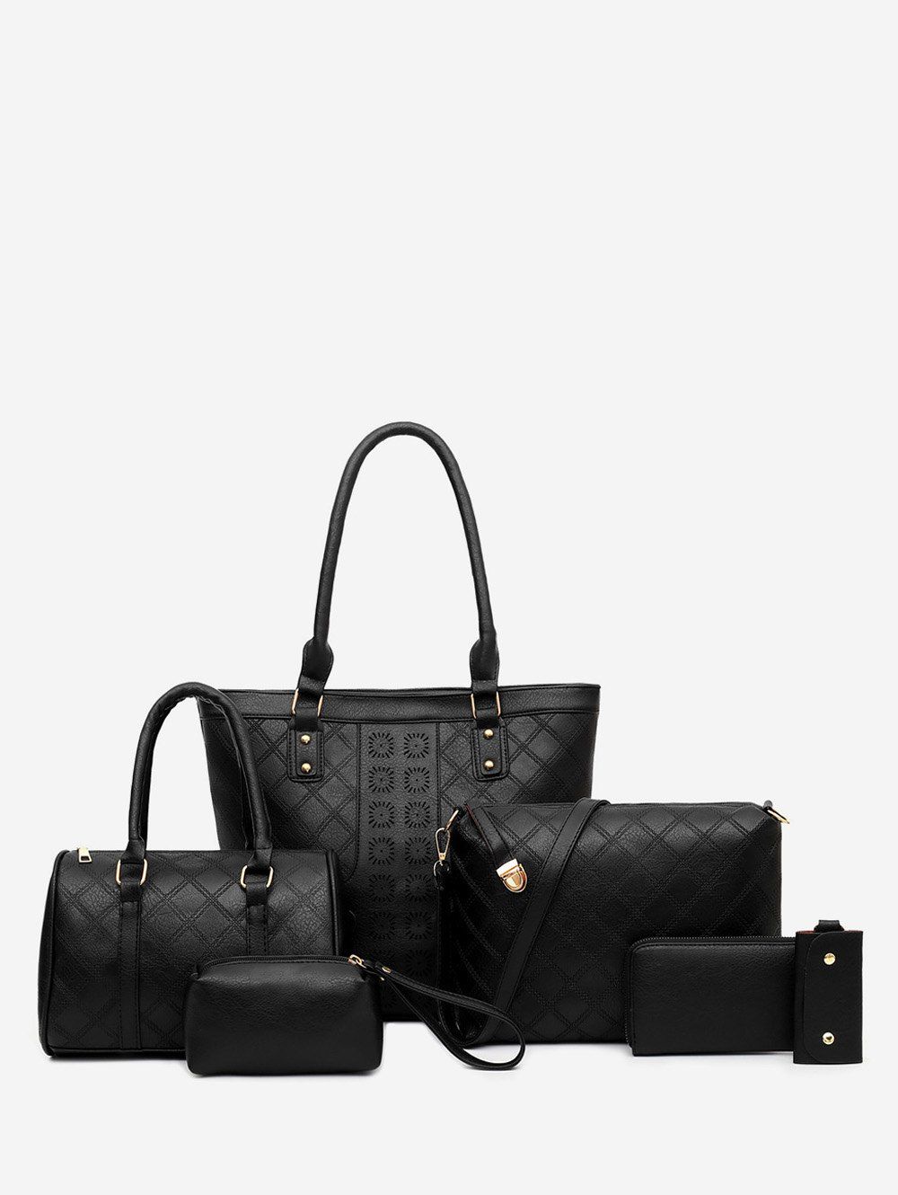 

6 Piece Rhombus Embossed PU Leather Handbag Set, Black