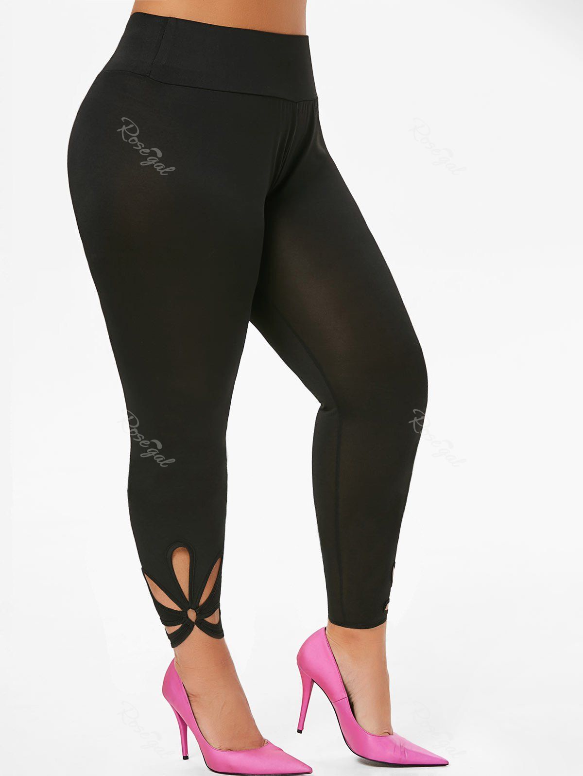 

High Waisted O Ring Cut Out Ninth Plus Size Leggings, Black