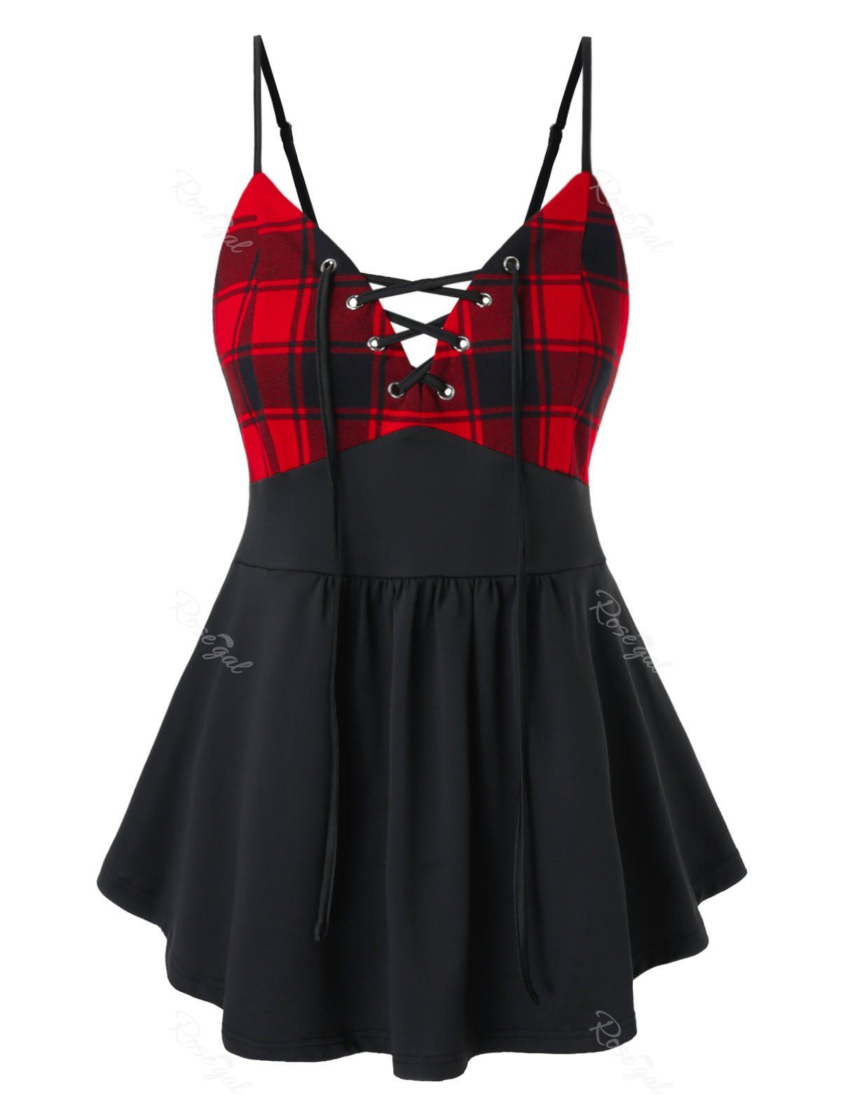 

Plus Size Lace Up Plaid Babydoll Nightwear Set, Red wine