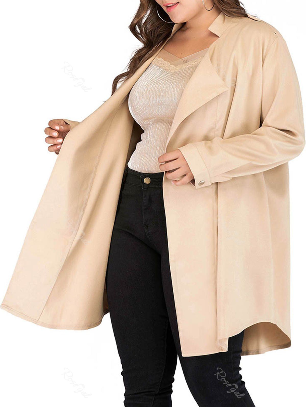 

Longline Open Front Seam Pockets Plus Size Coat, Light khaki