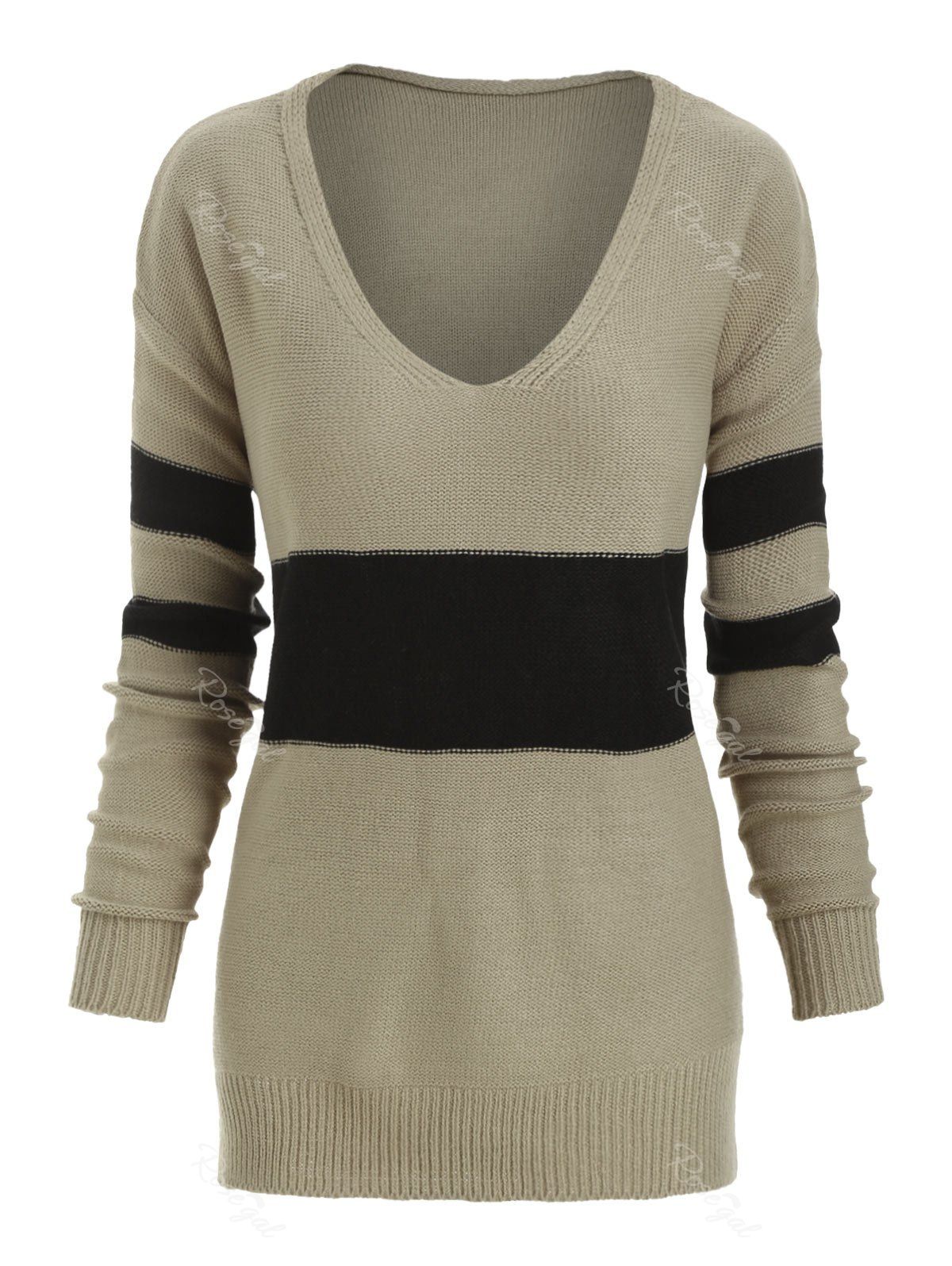

Plus Size Contrast Trim Tunic Sweater, Light khaki