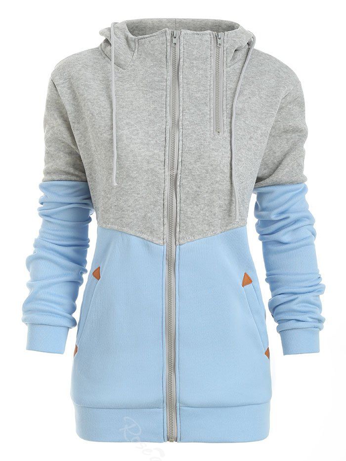 

Plus Size Hit Color Zip Up Hoodie, Deep sky blue