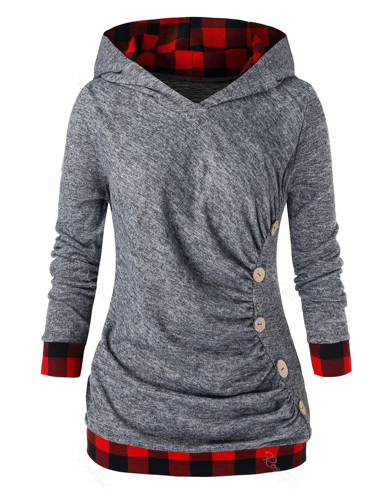 

Plus Size Plaid Trim Ruched Marled Hoodie, Dark gray