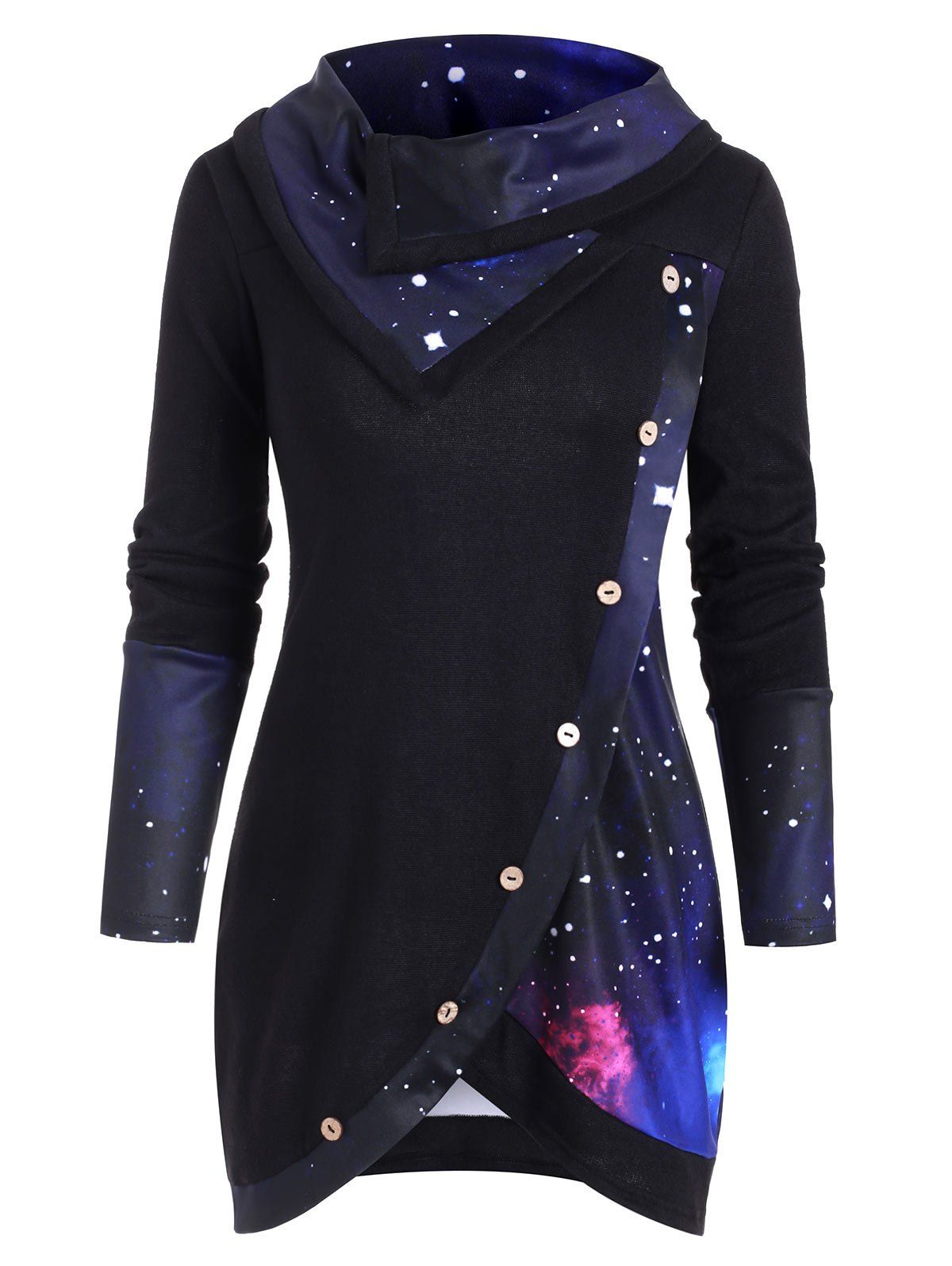 

Galaxy Print Panel Mock Button Cowl Neck Sweater, Black