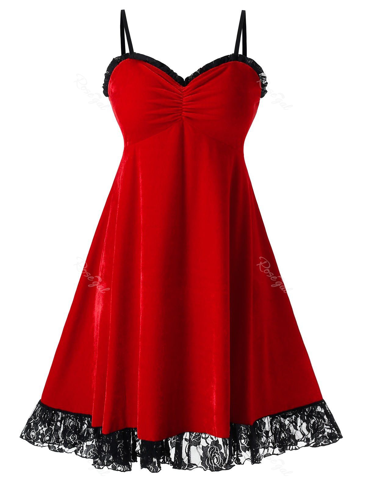 

Plus Size Christmas Velvet Flounce Lace Panel Cami Dress, Red