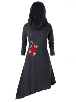 Plus Size Asymmetric Hooded Embroidered Midi Dress - CARBON GRAY - L