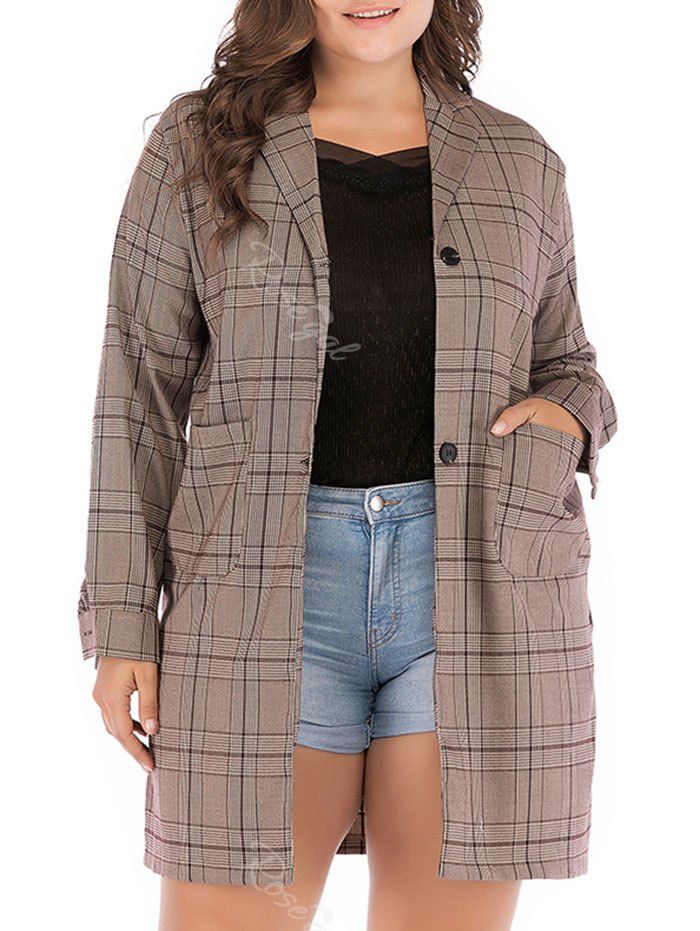

Side Slit Patched Pockets Plaid Plus Size Blazer, Camel brown