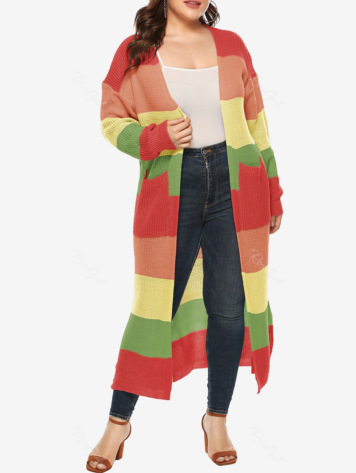

Plus Size Rainbow Color Longline Cardigan, Multi