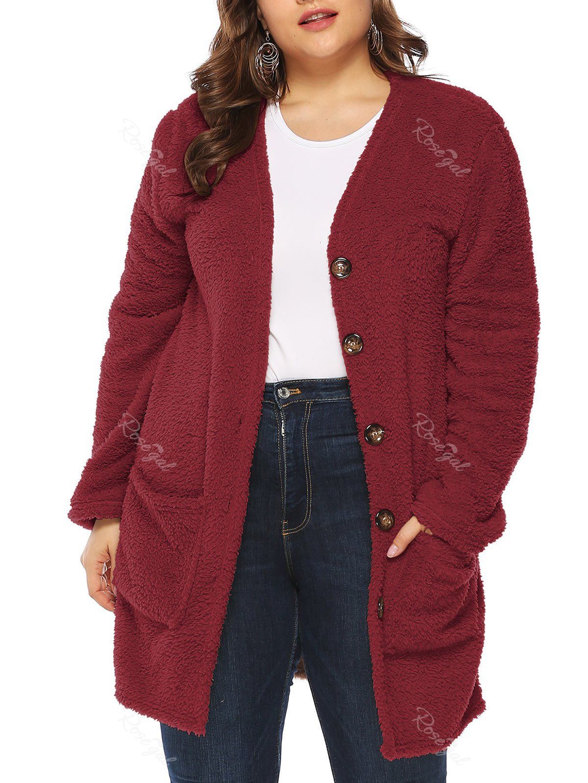

Plus Size Pockets Fluffy Coat, Red wine