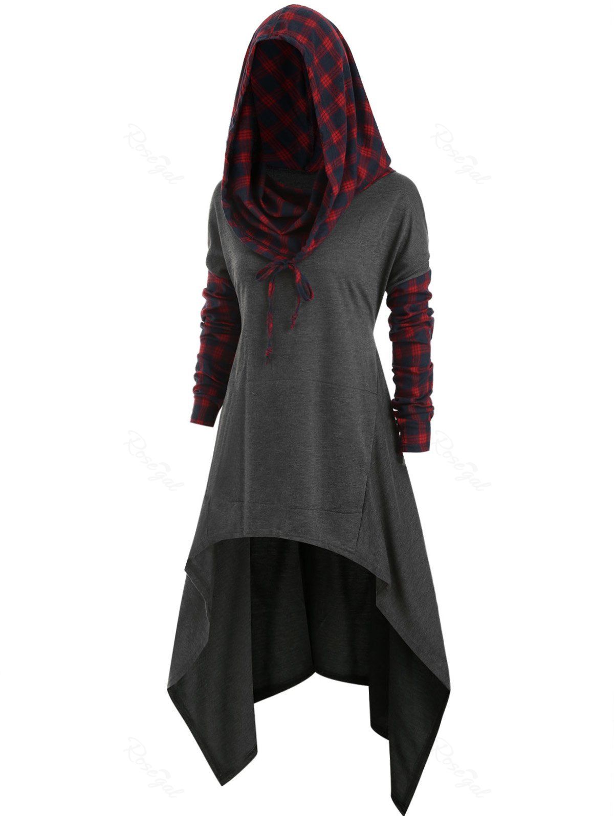 

Plus Size Plaid Drop Shoulder High Low Hoodie, Battleship gray
