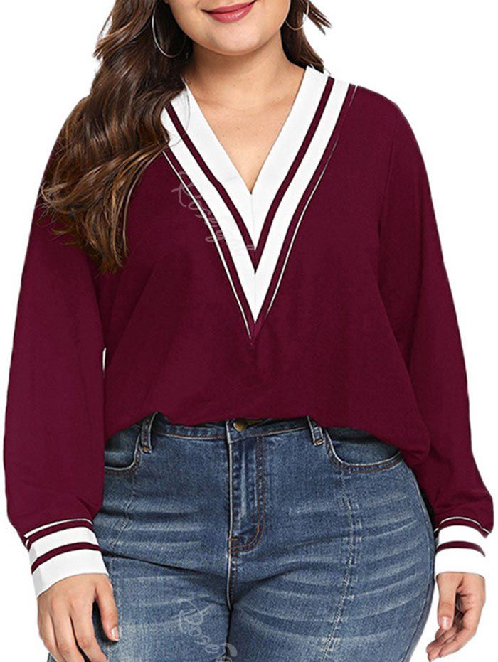 

V Neck Long Sleeve Stripes Panel Plus Size Top, Red wine