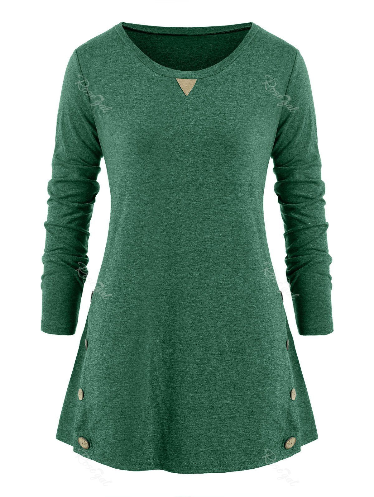

Mock Button Elbow Patched Plus Size Long Sleeve Top, Green