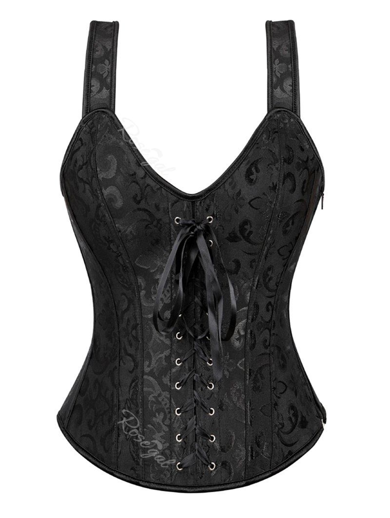 

Plus Size Brocade Jacquard Lace-up Corset Top, Black