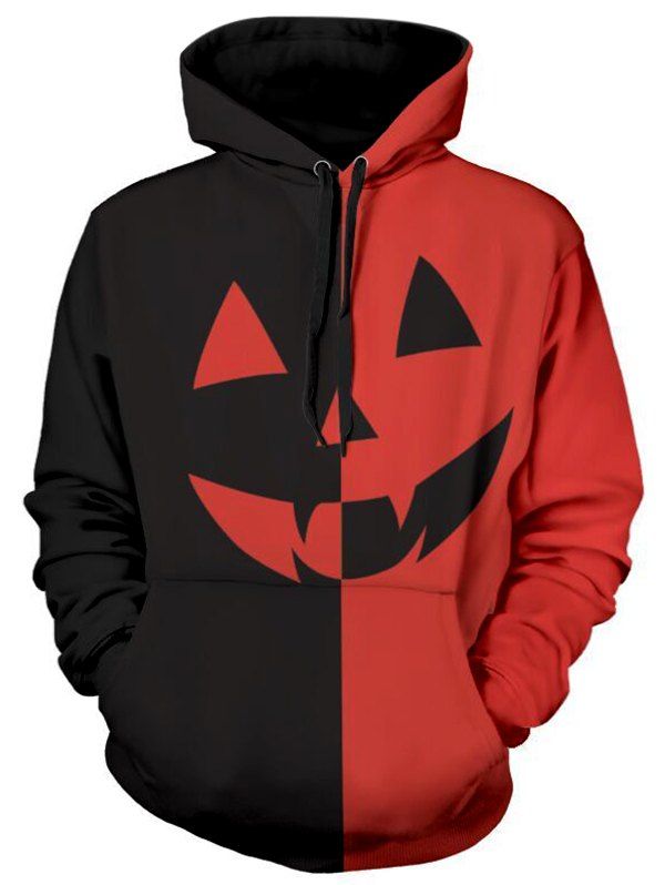 

Halloween Pumpkin Two Tone Panel Pullover Hoodie, Red