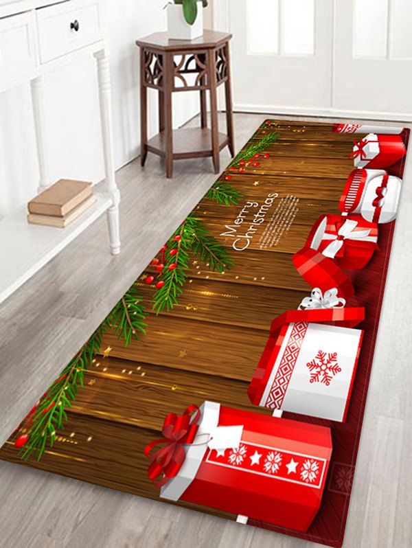 

Merry Christmas Gift Wooden Print Floor Rug, Red