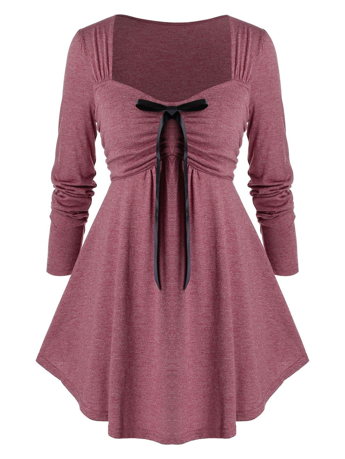 

Plus Size Bowknot Ruched Heathered T Shirt, Red wine