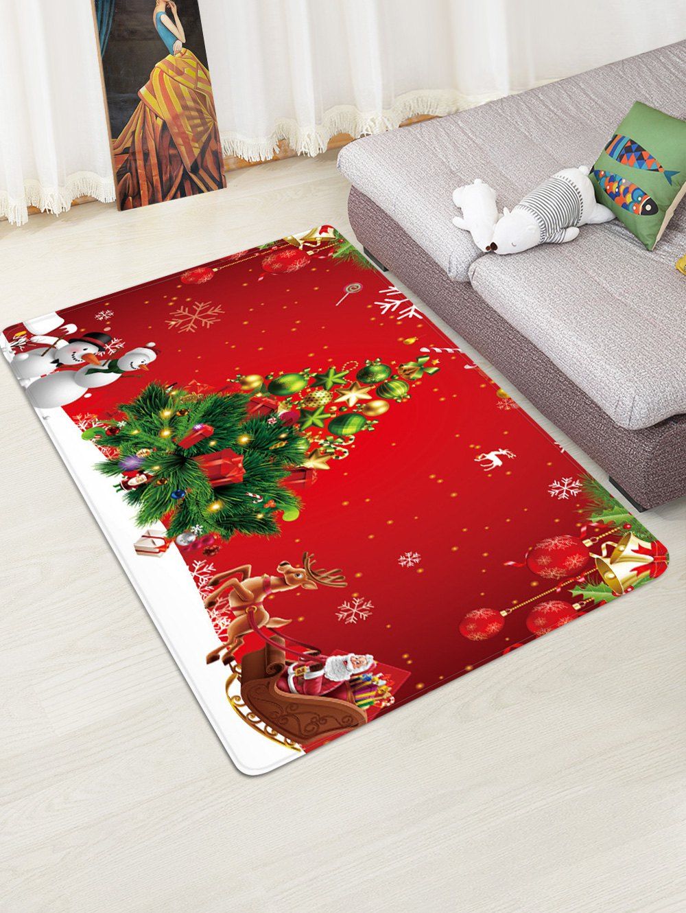 

Christmas Tree Snowman Print Bath Floor Rug, Red
