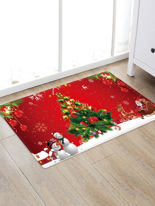 Christmas Tree Snowman Print Bath Floor Rug, Red