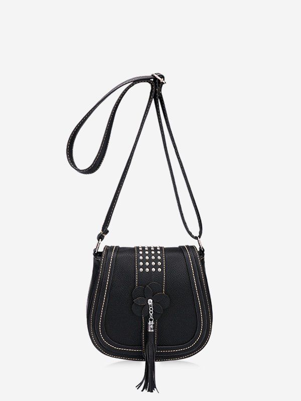 

Saddle Shape Retro Flower Pattern Tassel Shoulder Bag, Black