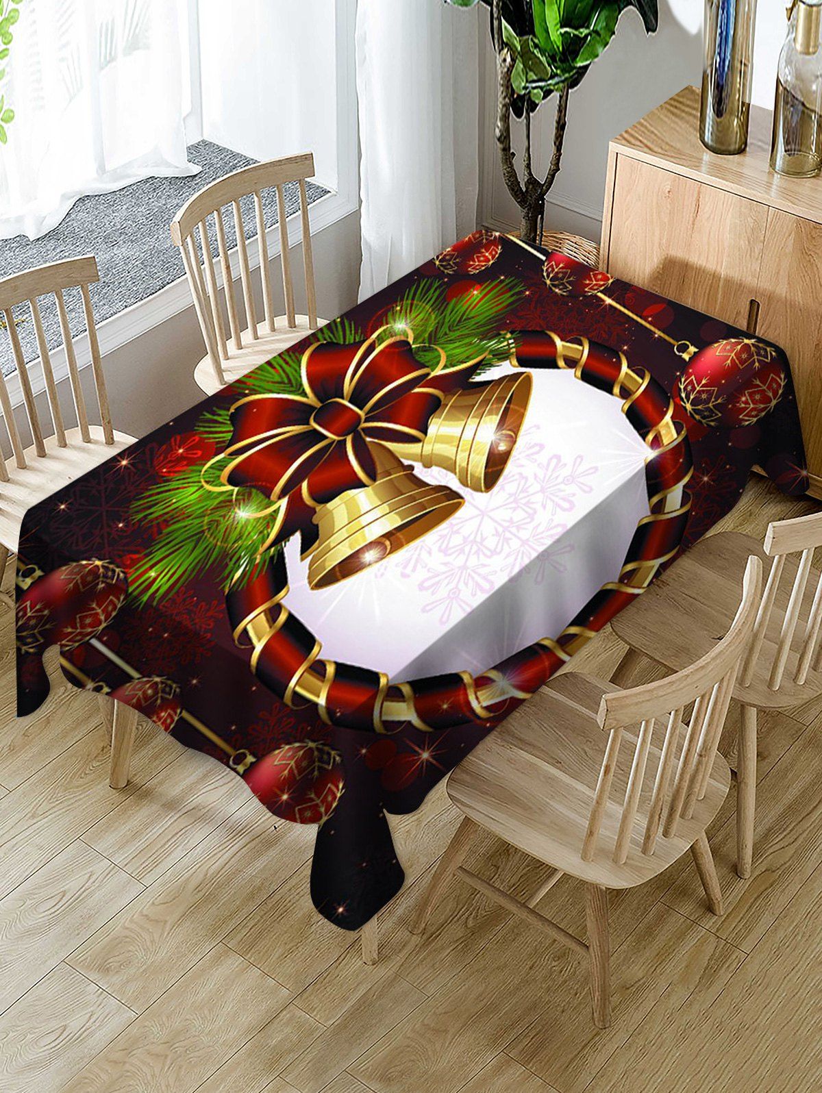 Sale Christmas Bells and Balls Print Fabric Waterproof Tablecloth  