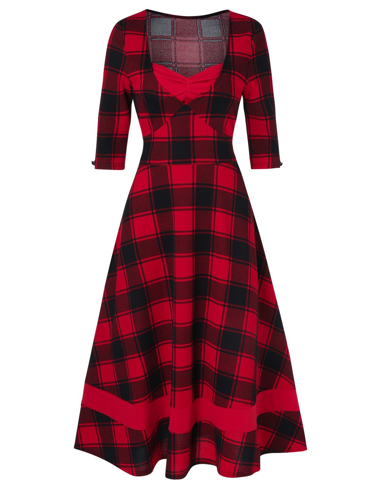 Robe Evasée Vintage à Carreaux Imprimée Embellie de Bouton Rouge Vineux 2XL