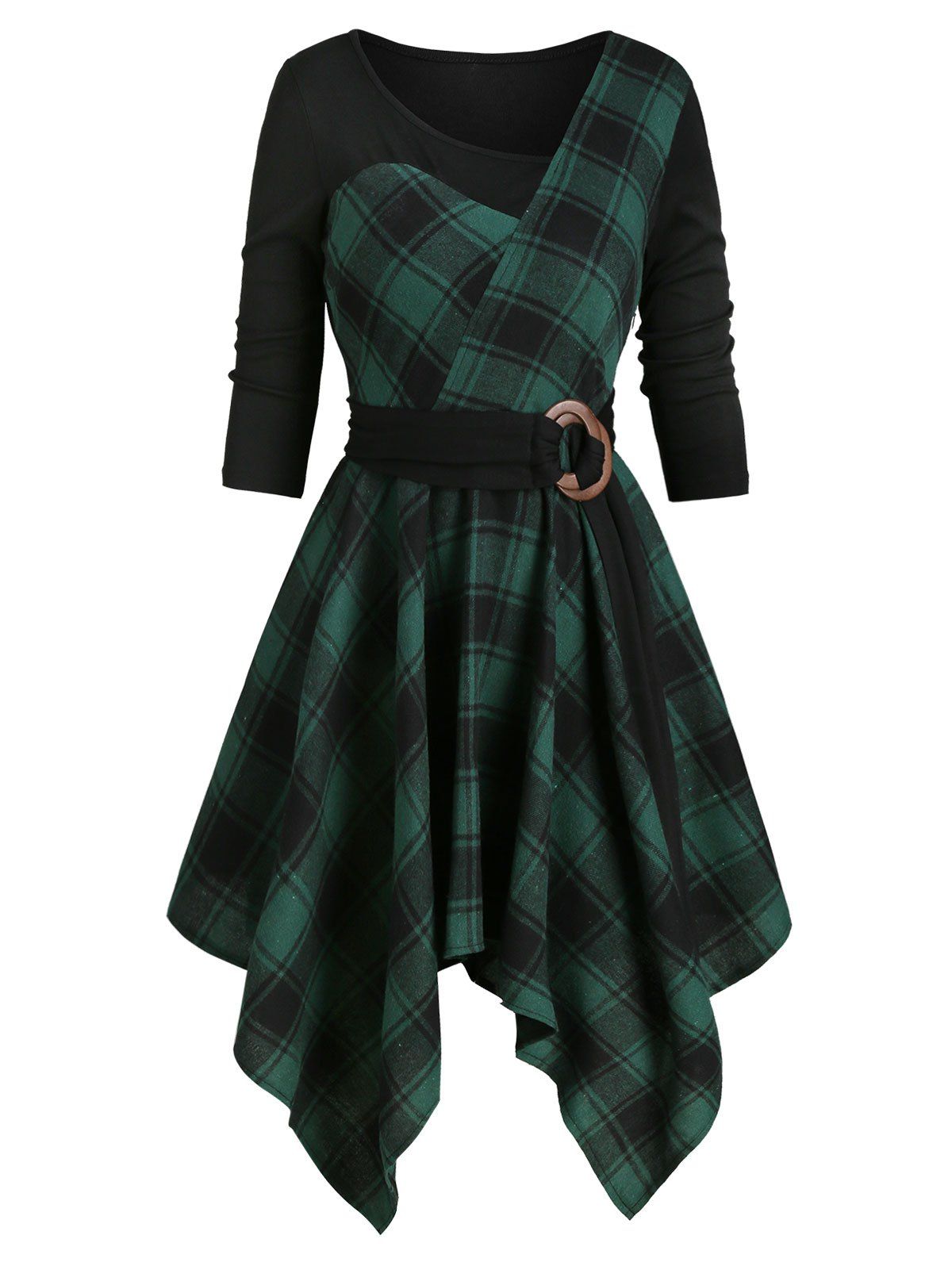

Plaid Asymmetrical Belted Dress, Black