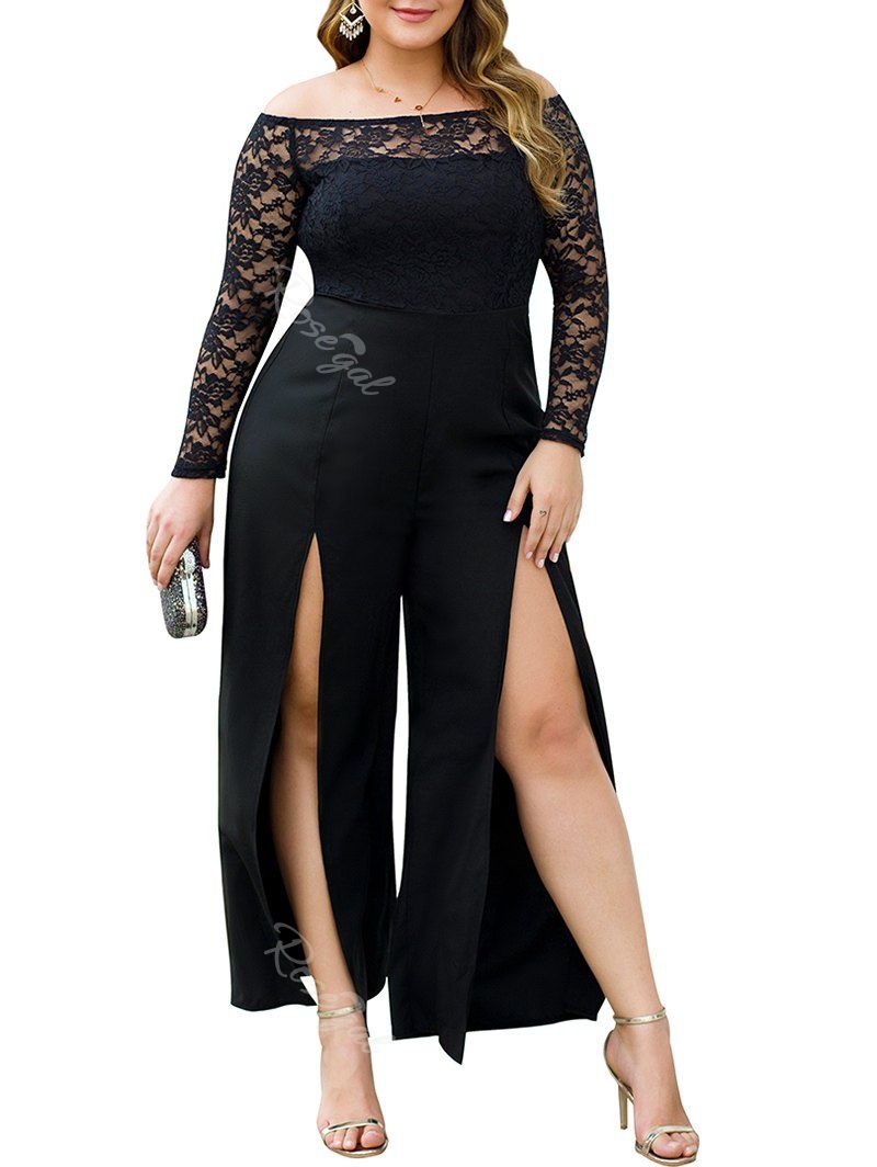 

Plus Size Off Shoulder High Slit Palazzo Jumpsuit, Black