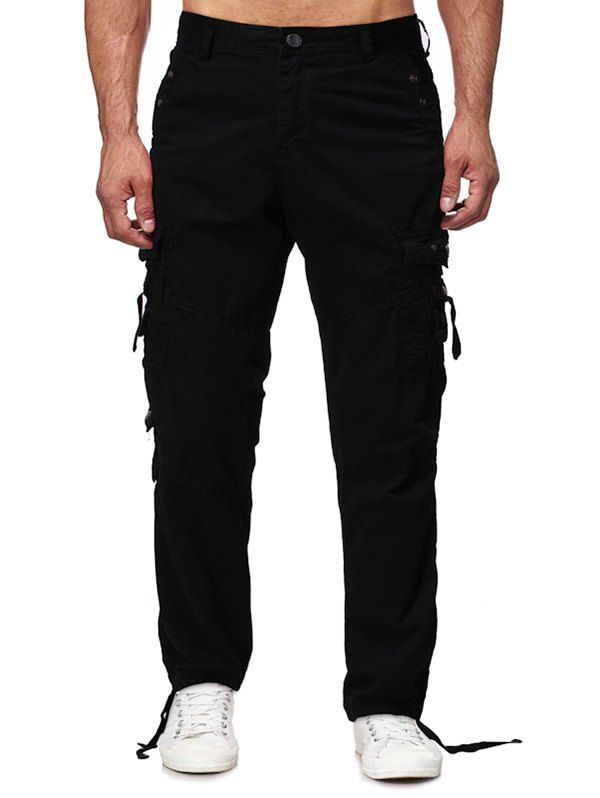 

Long Straight Solid Flap Pocket Cargo Pants, Black