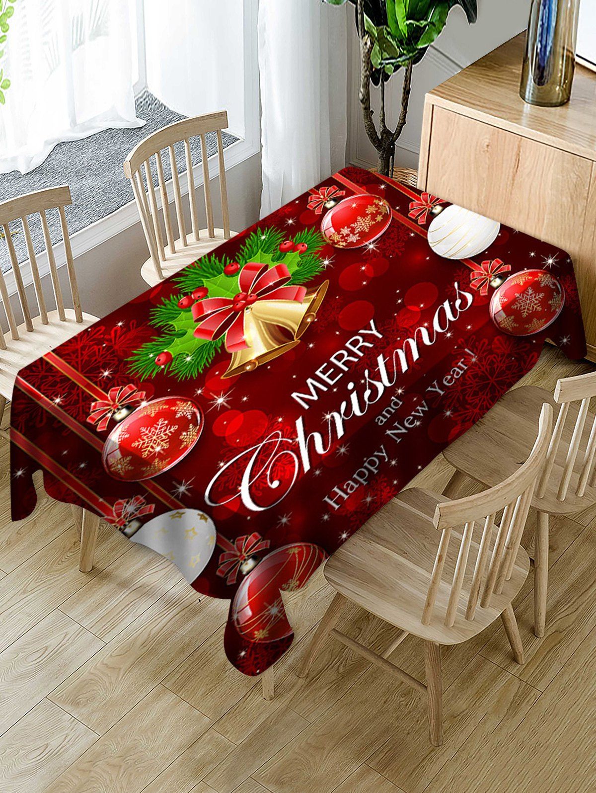 

Merry Christmas Bell Ball Fabric Waterproof Table Cloth, Multi