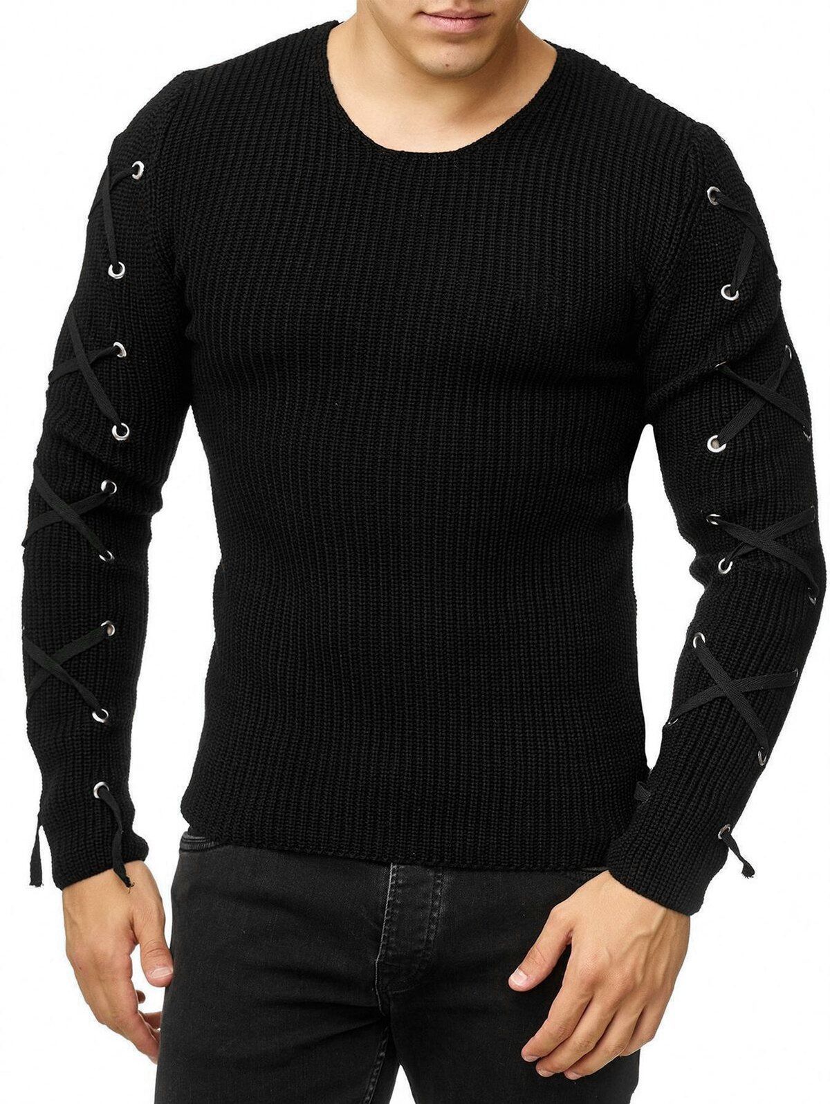 

Lace Up Solid Color Pullover Sweater, Black