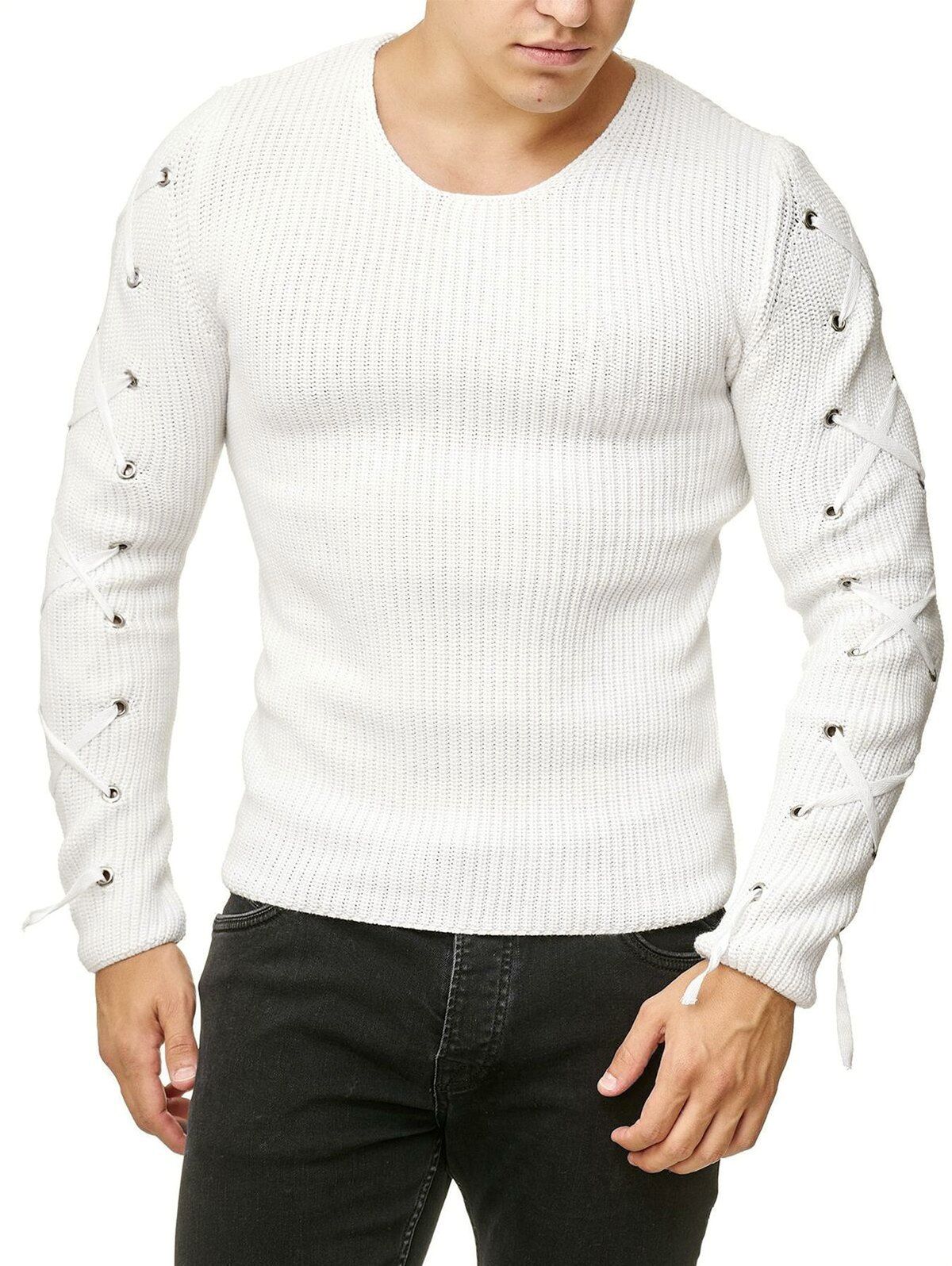 

Lace Up Solid Color Pullover Sweater, White