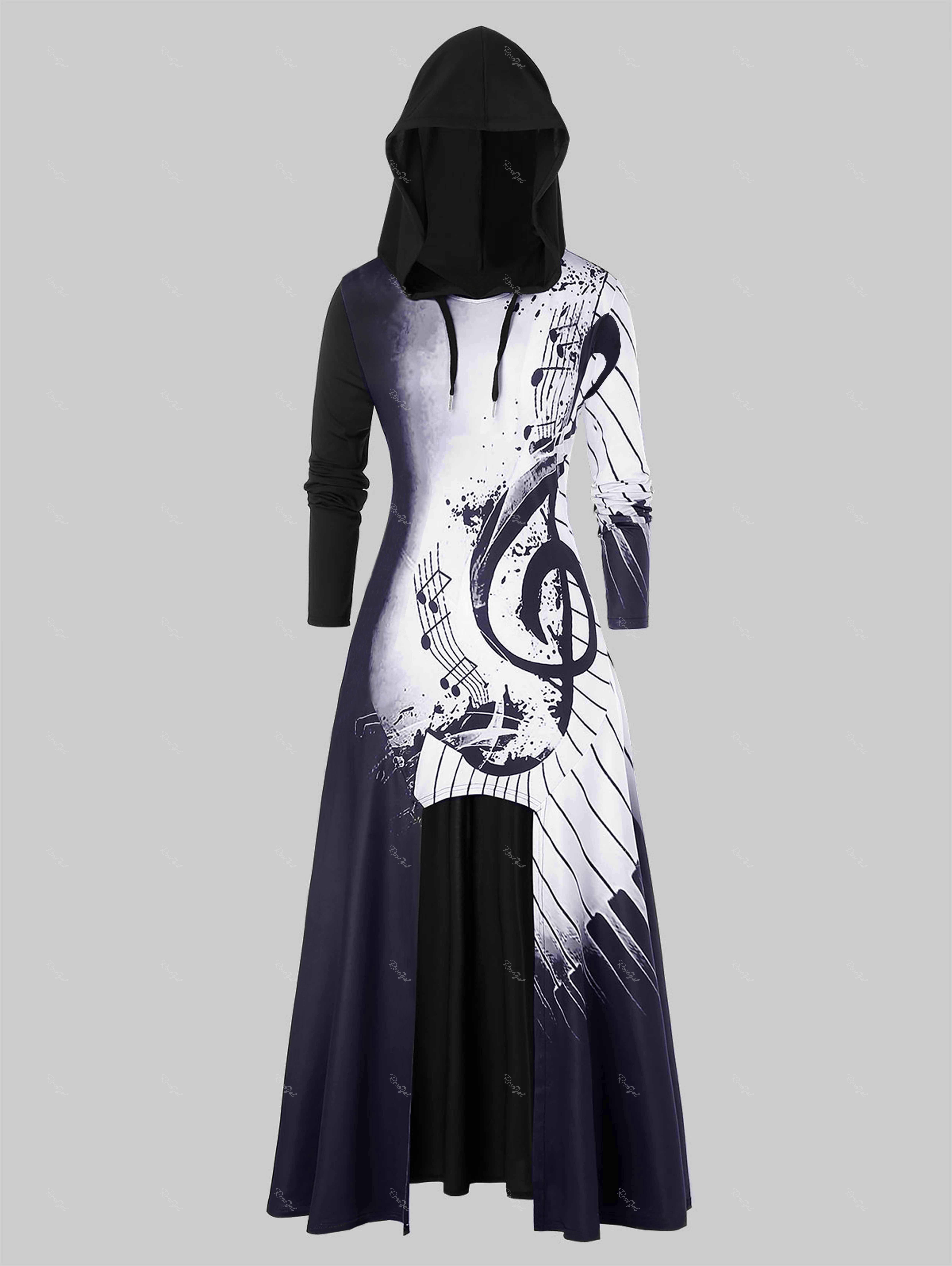 

Plus Size Musical Note Print Front Split Long Drawstring Hoodie, Multi