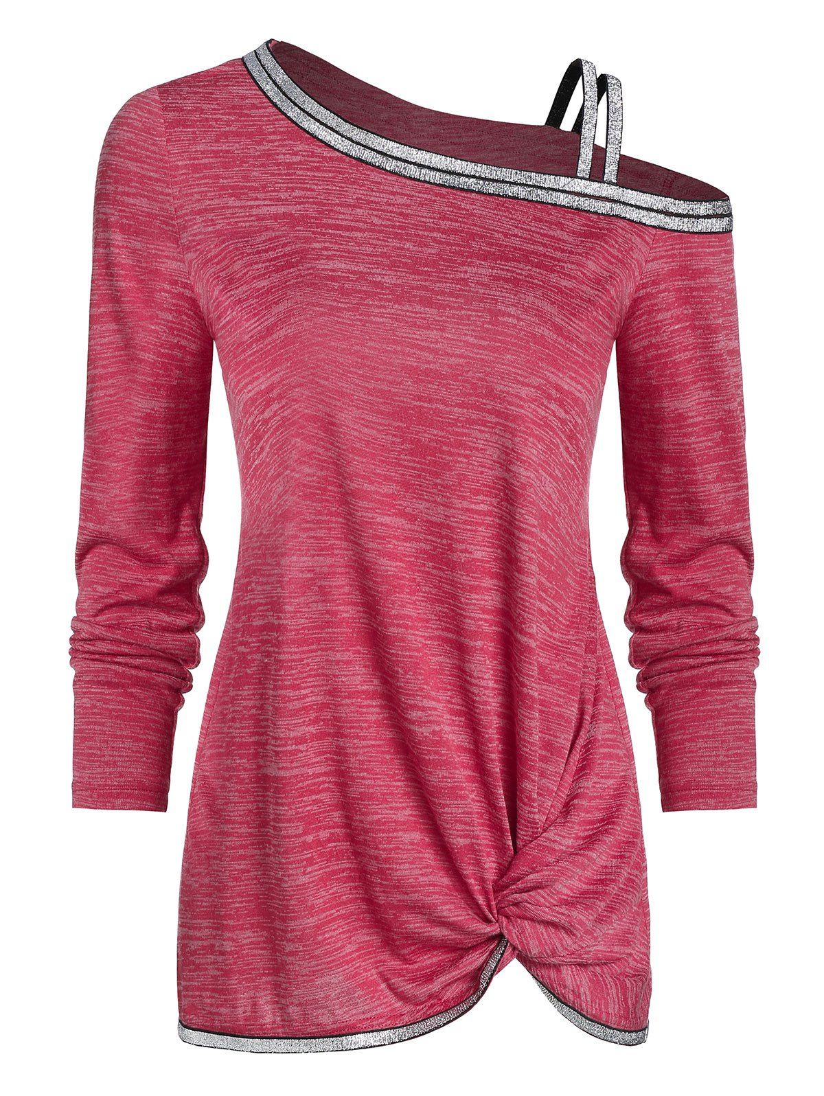 

Skew Neck Front Twist Marled T Shirt, Red wine