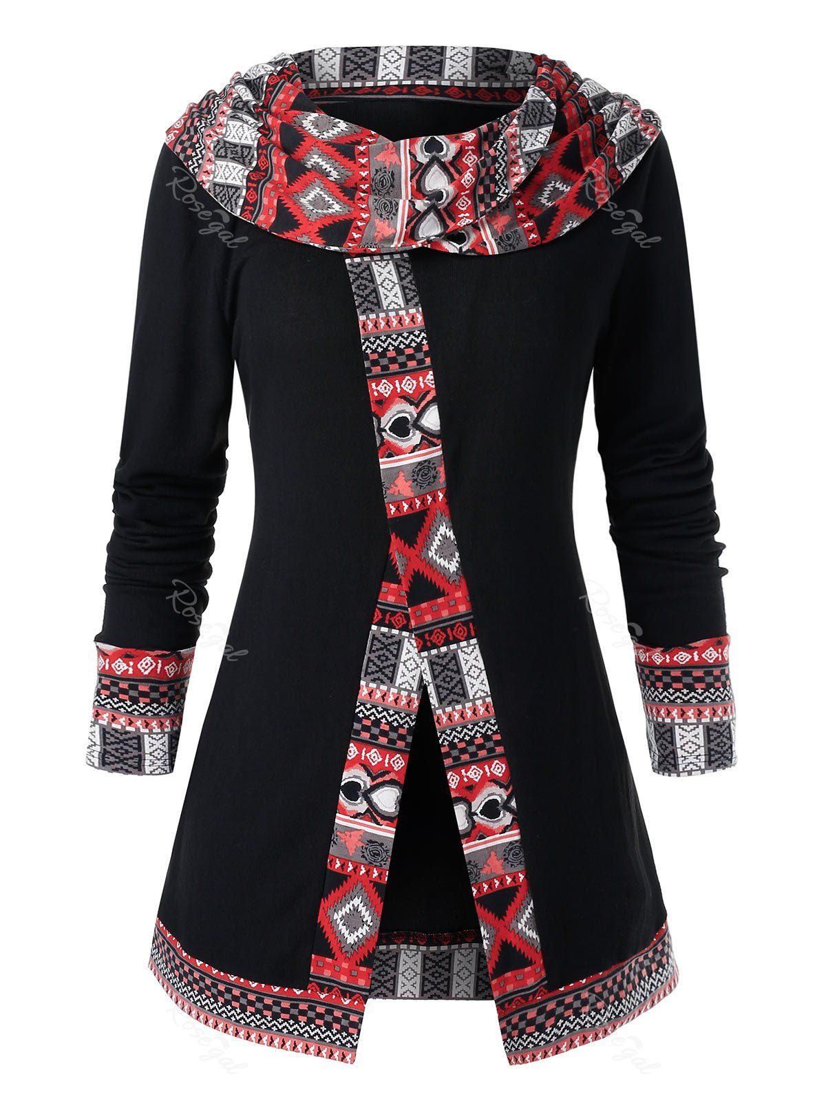 

Plus Size Cowl Collar Ethnic Pattern Top, Black