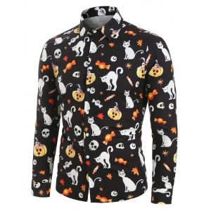 

Halloween Pumpkin and Cat Print Button Up Shirt, Black