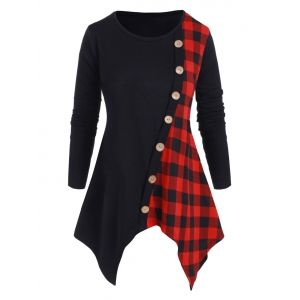 

Plaid Panel Mock Buttons Handkerchief Plus Size Knitwear, Multi