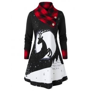 

Plus Size Christmas Snowflake Elk Print Plaid Tunic Pullover Sweatshirt, White