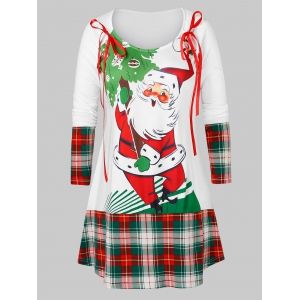 

Plus Size Christmas Santa Claus Print Plaid T Shirt, White