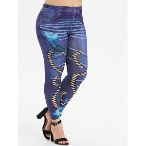 

Plus Size Floral 3D Denim Printed Skinny Jeggings, Dark slate blue
