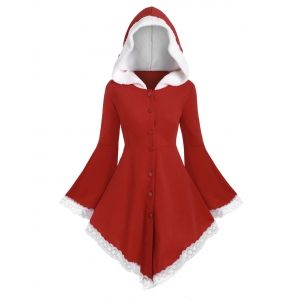 

Plus Size Faux Shearling Hooded Lace-trimmed Christmas Coat, Red