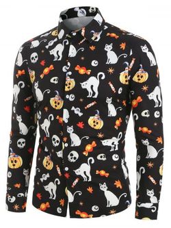 Chemise d'Halloween Boutonnée Citrouille et Chat Imprimés - BLACK - 2XL