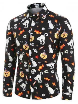 Chemise d'Halloween Boutonnée Citrouille et Chat Imprimés