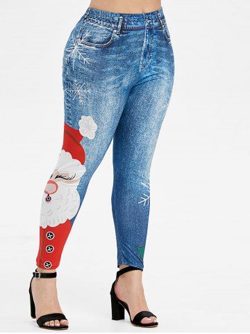 

Plus Size Santa Claus Snowflake Print Christmas Jeggings, Blueberry blue