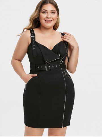 

Plus Size Grommets Buckle Straps Mini Punk Dress, Black