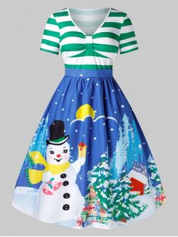 Plus Size Christmas Vintage Printed Party Dress - BLUE IVY - 1X